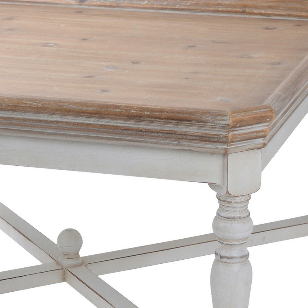 Benjara Fin 33 Inch Coffee Table, Tray Top, Rustic Fir Wood, Antique White, Brown