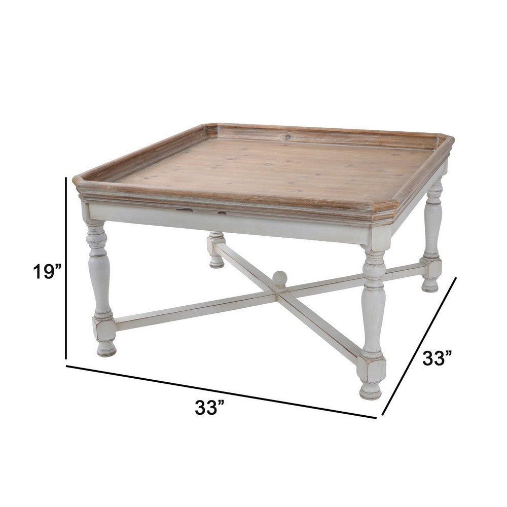 Benjara Fin 33 Inch Coffee Table, Tray Top, Rustic Fir Wood, Antique White, Brown
