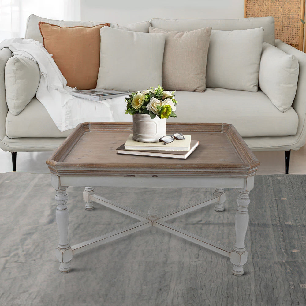 Benjara Fin 33 Inch Coffee Table, Tray Top, Rustic Fir Wood, Antique White, Brown