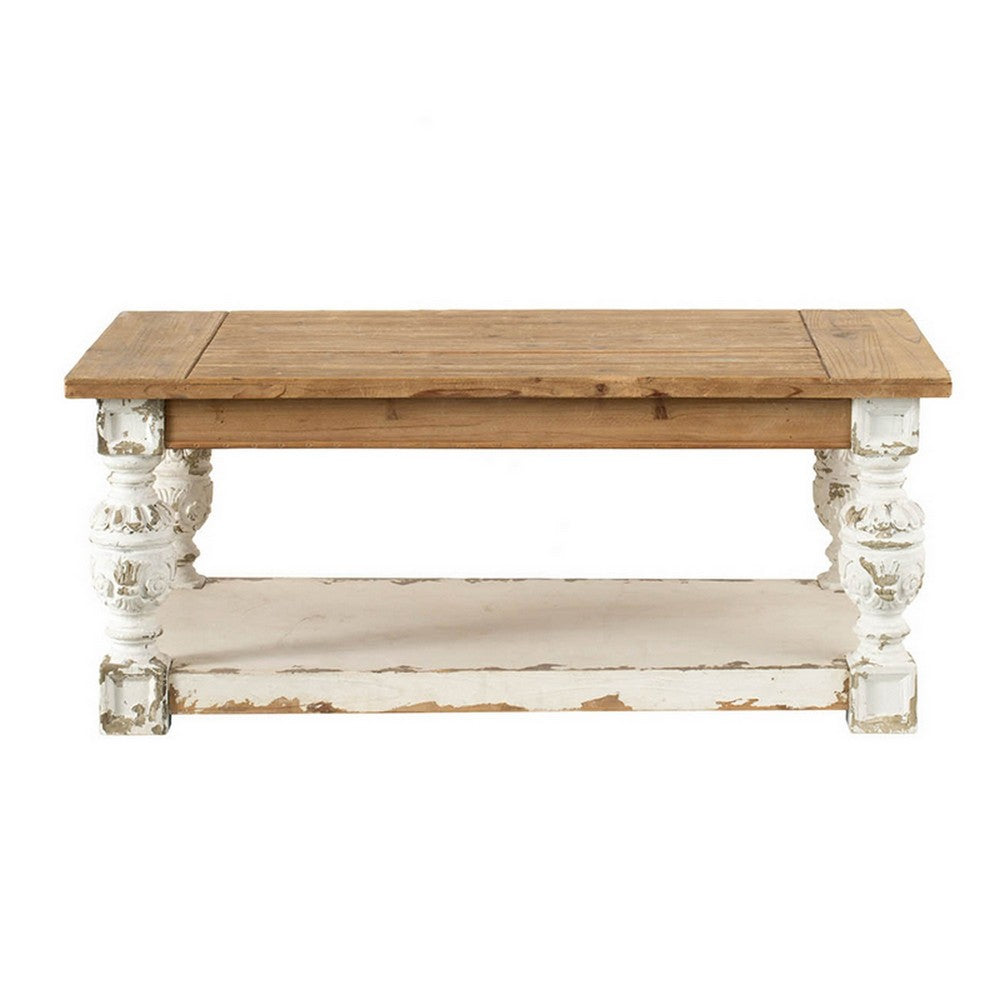 Benjara 47 Inch Classic Coffee Table, Rectangular, Carved Leg, Bottom Shelf, Brown