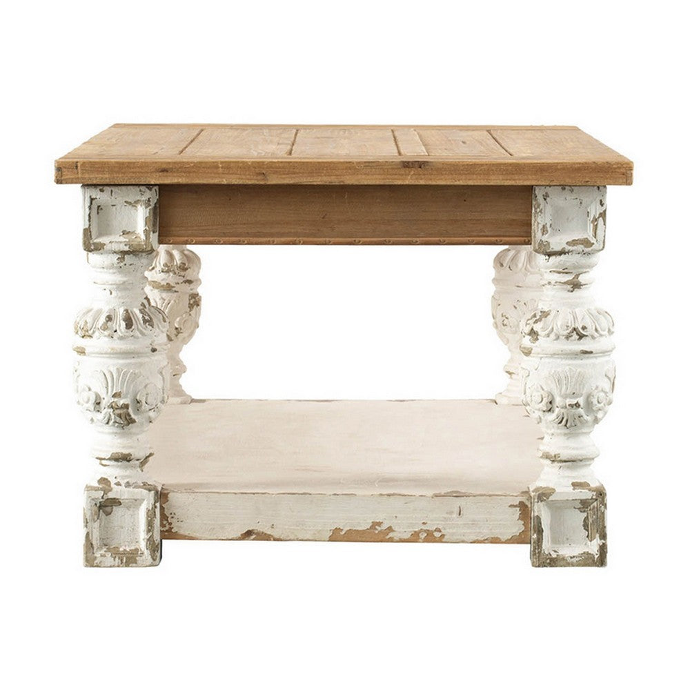 Benjara 47 Inch Classic Coffee Table, Rectangular, Carved Leg, Bottom Shelf, Brown