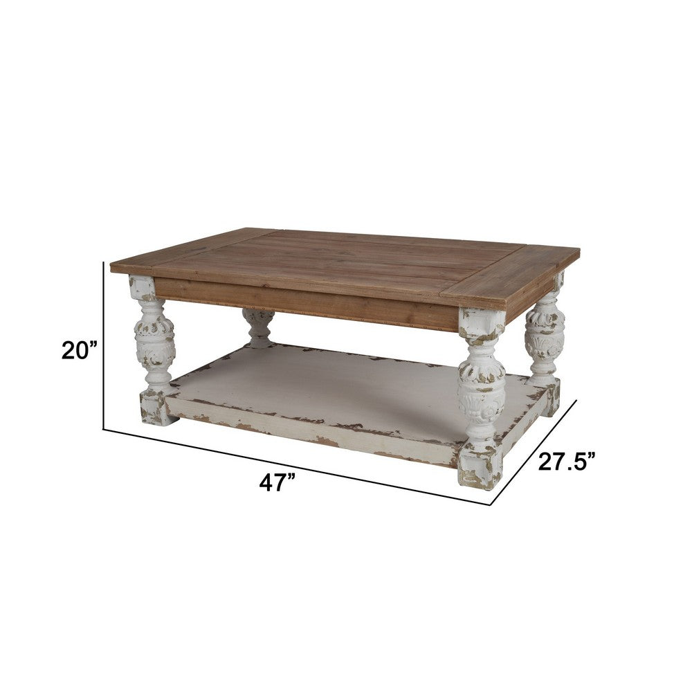 Benjara 47 Inch Classic Coffee Table, Rectangular, Carved Leg, Bottom Shelf, Brown