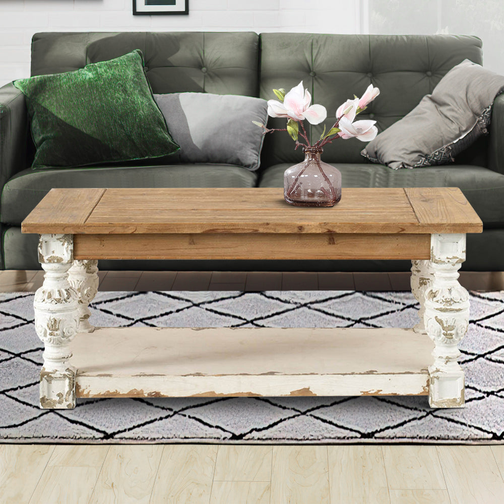 Benjara 47 Inch Classic Coffee Table, Rectangular, Carved Leg, Bottom Shelf, Brown