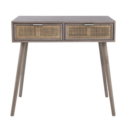 Benjara Pia 31 Inch Console Table, Pine Wood, 2 Drawer, Woven Rattan, Rustic Brown