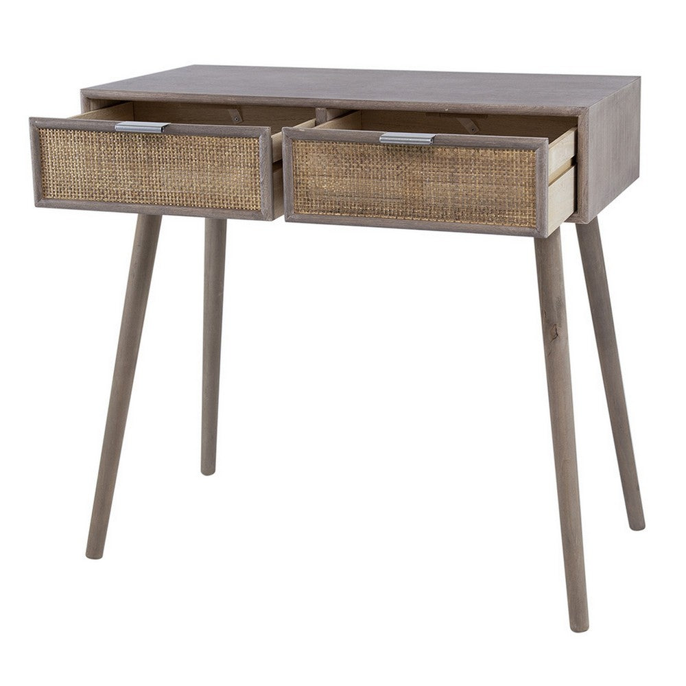 Benjara Pia 31 Inch Console Table, Pine Wood, 2 Drawer, Woven Rattan, Rustic Brown