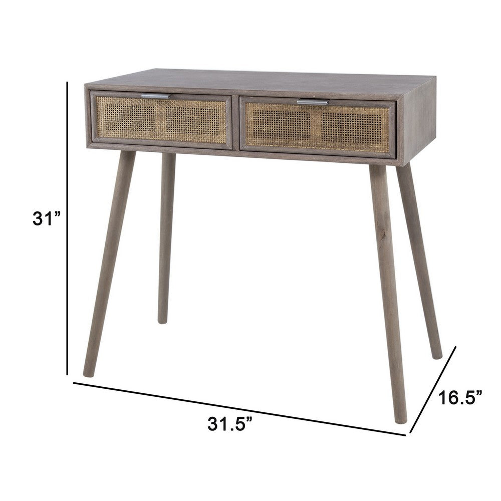 Benjara Pia 31 Inch Console Table, Pine Wood, 2 Drawer, Woven Rattan, Rustic Brown