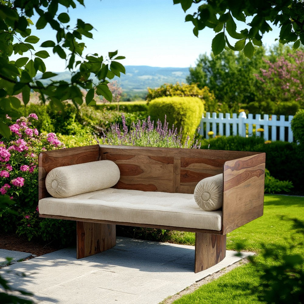 Benjara Enid 55 Inch Two Seater Sofa Bench, Modern Rustic Wood Frame, Brown