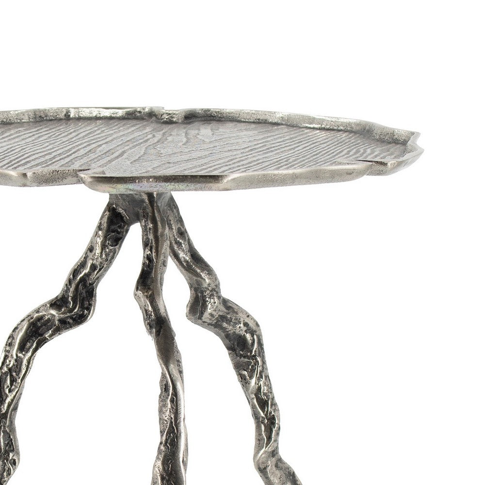Benjara 24 Inch Accent Table, Aluminum Metal Branch Tripod Legs, Antique Silver