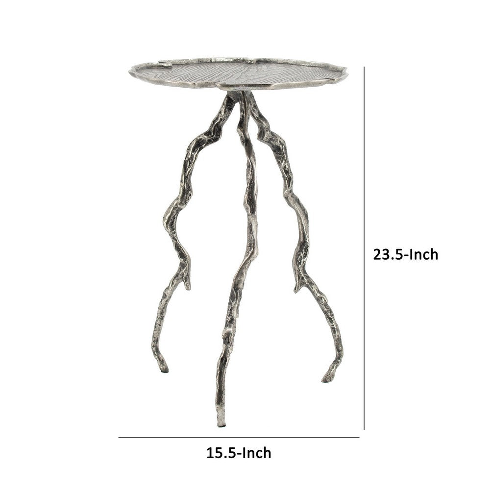 Benjara 24 Inch Accent Table, Aluminum Metal Branch Tripod Legs, Antique Silver