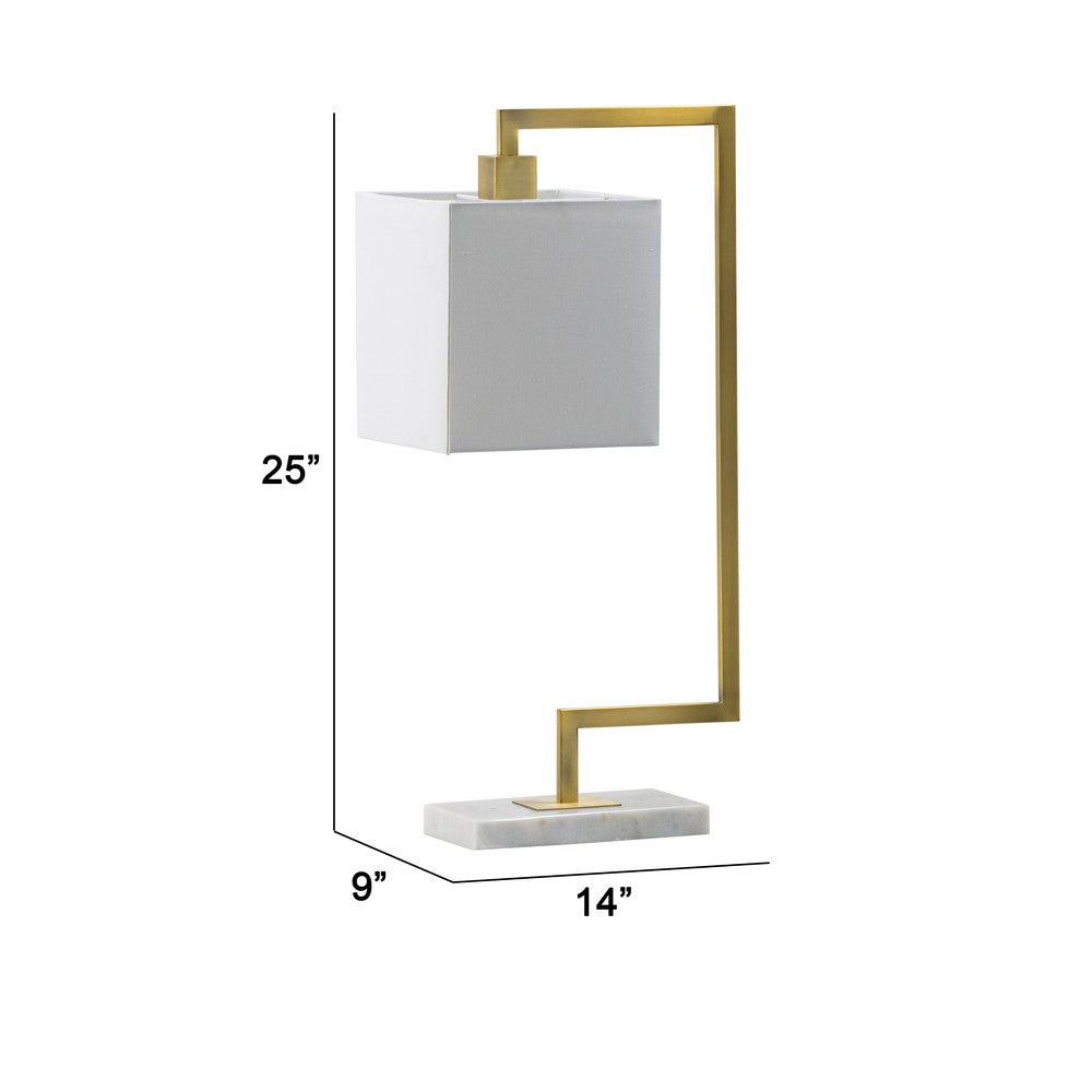 Benjara 25 Inch Modern Geometric Table Lamp, Square Shade, White Marble Base, Gold