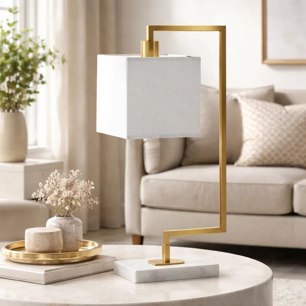 Benjara 25 Inch Modern Geometric Table Lamp, Square Shade, White Marble Base, Gold