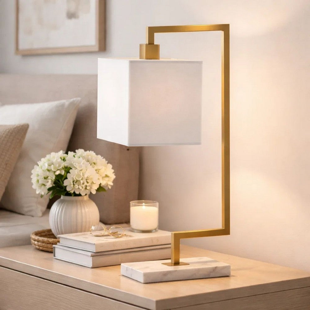 Benjara 25 Inch Modern Geometric Table Lamp, Square Shade, White Marble Base, Gold