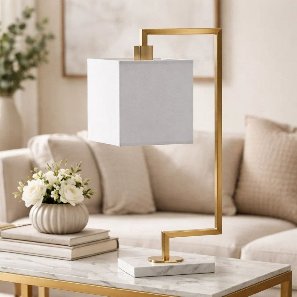 Benjara 25 Inch Modern Geometric Table Lamp, Square Shade, White Marble Base, Gold