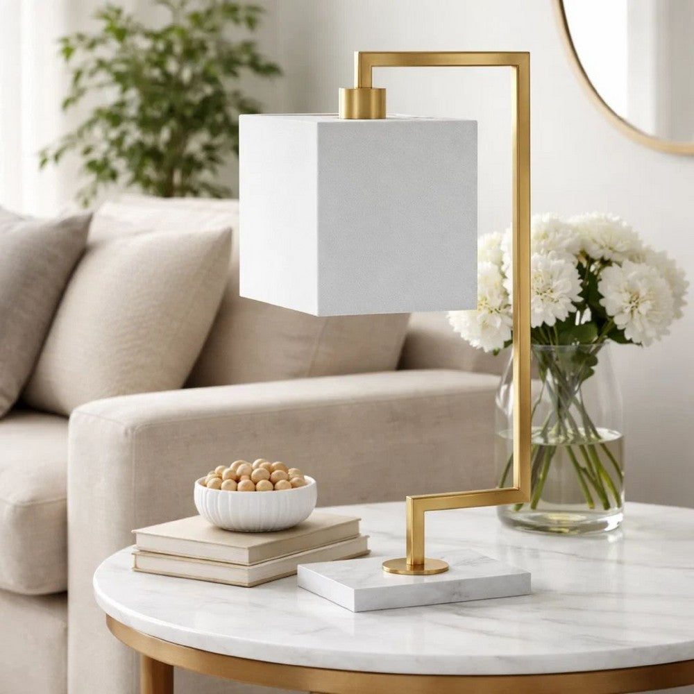 Benjara 25 Inch Modern Geometric Table Lamp, Square Shade, White Marble Base, Gold