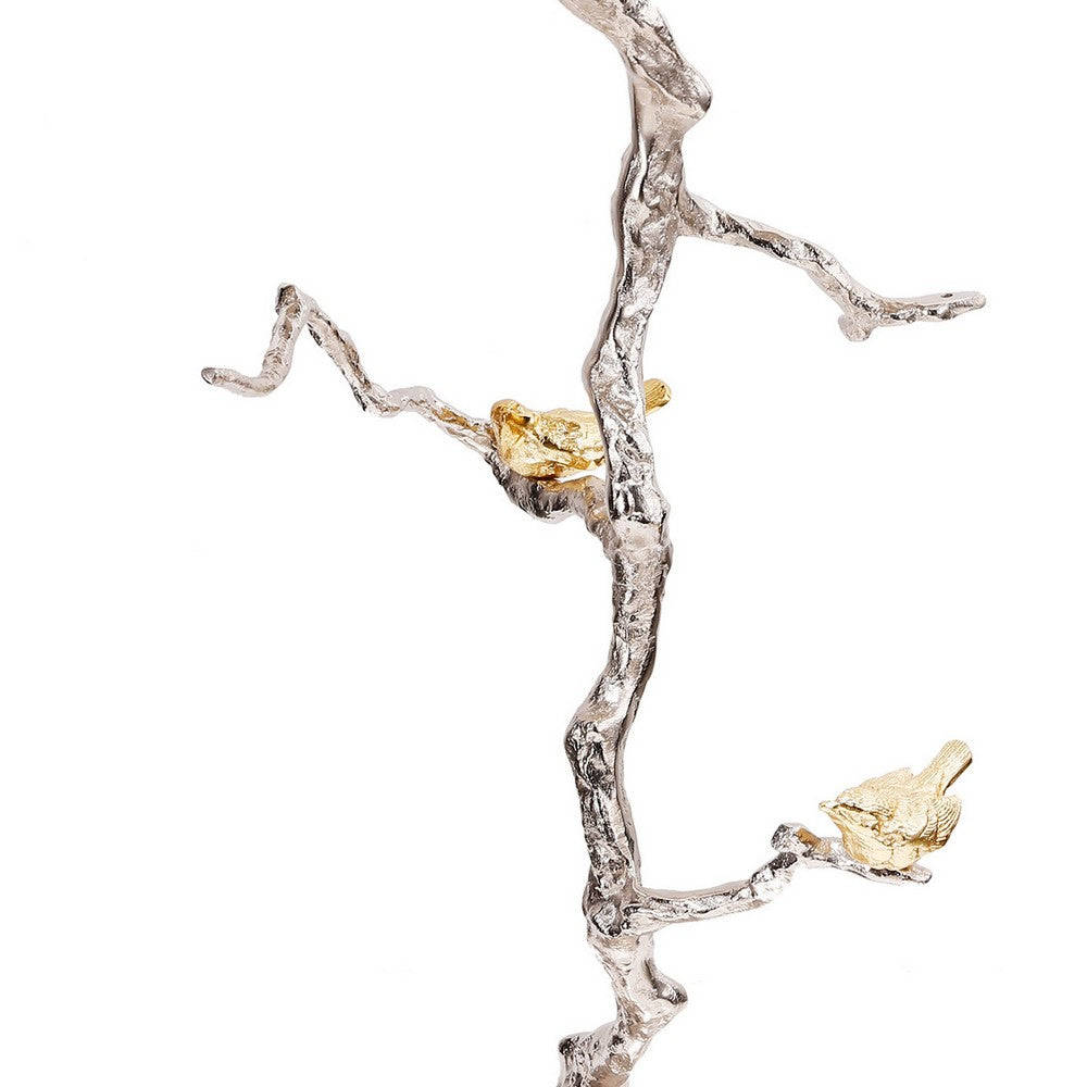 Benjara 28 Inch Accent Table, Artful Branch Like Frame, Gold Bird Accents, Silver
