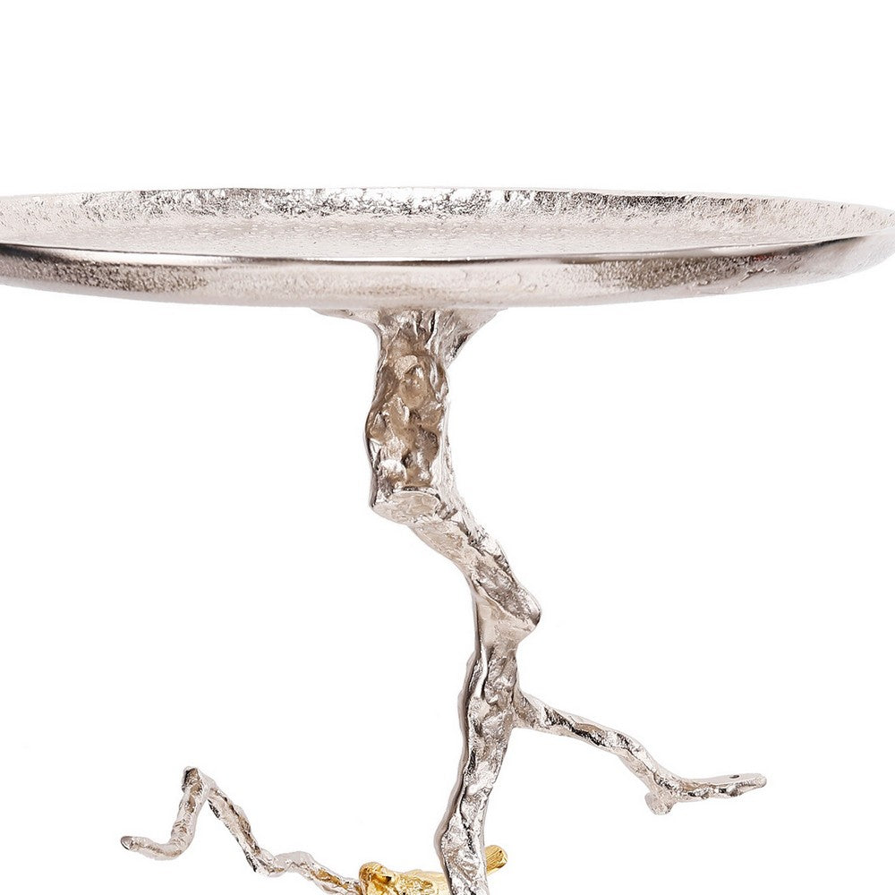 Benjara 28 Inch Accent Table, Artful Branch Like Frame, Gold Bird Accents, Silver