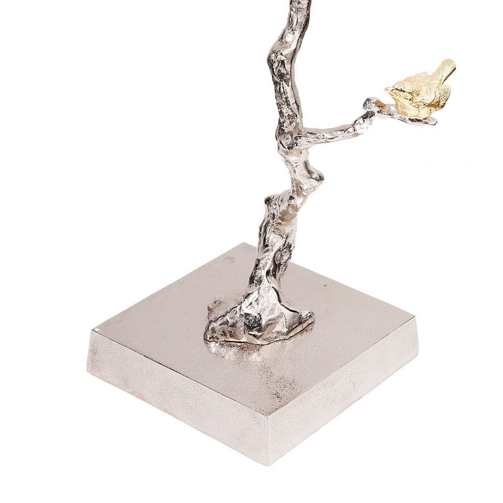 Benjara 28 Inch Accent Table, Artful Branch Like Frame, Gold Bird Accents, Silver