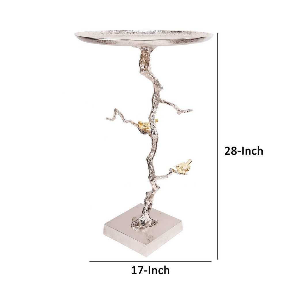 Benjara 28 Inch Accent Table, Artful Branch Like Frame, Gold Bird Accents, Silver