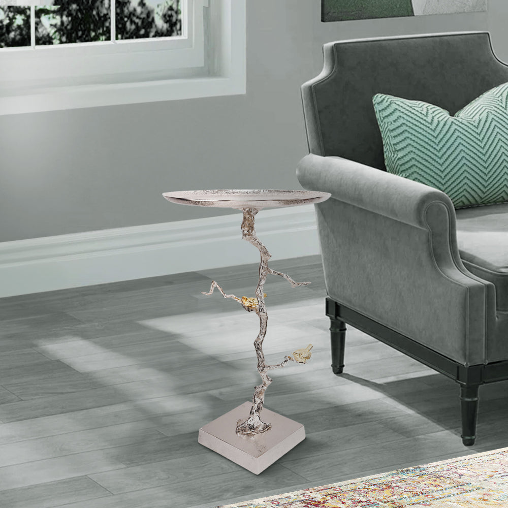 Benjara 28 Inch Accent Table, Artful Branch Like Frame, Gold Bird Accents, Silver