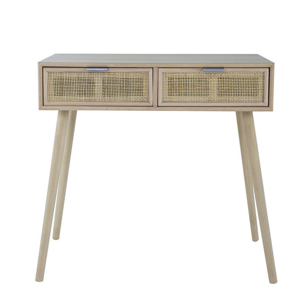 Benjara Pia 32 Inch Wood Console Table, 2 Drawers, Woven Rattan, Natural Brown