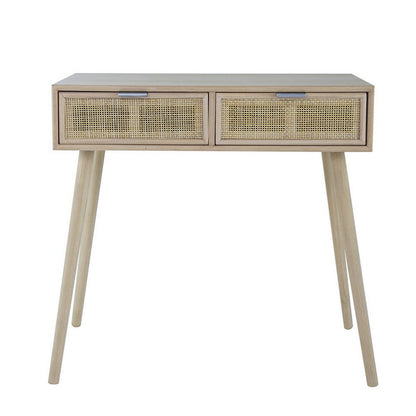 Benjara Pia 32 Inch Wood Console Table, 2 Drawers, Woven Rattan, Natural Brown