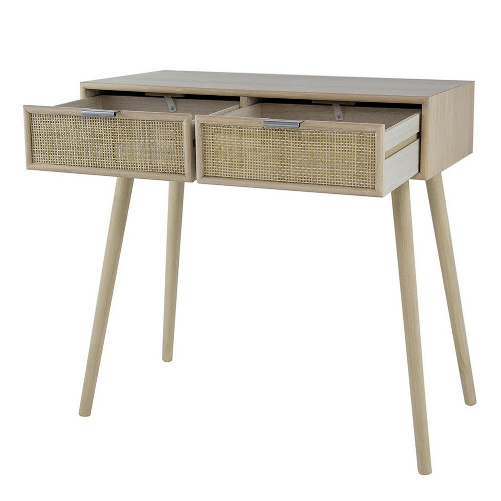 Benjara Pia 32 Inch Wood Console Table, 2 Drawers, Woven Rattan, Natural Brown