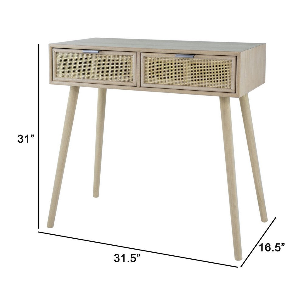 Benjara Pia 32 Inch Wood Console Table, 2 Drawers, Woven Rattan, Natural Brown