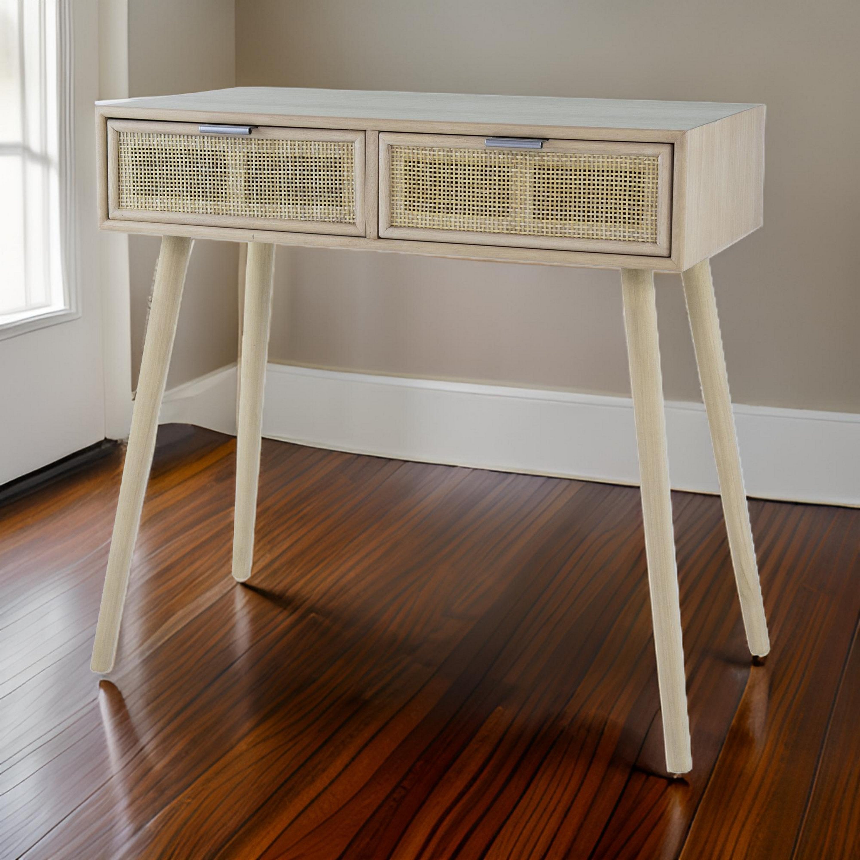 Benjara Pia 32 Inch Wood Console Table, 2 Drawers, Woven Rattan, Natural Brown