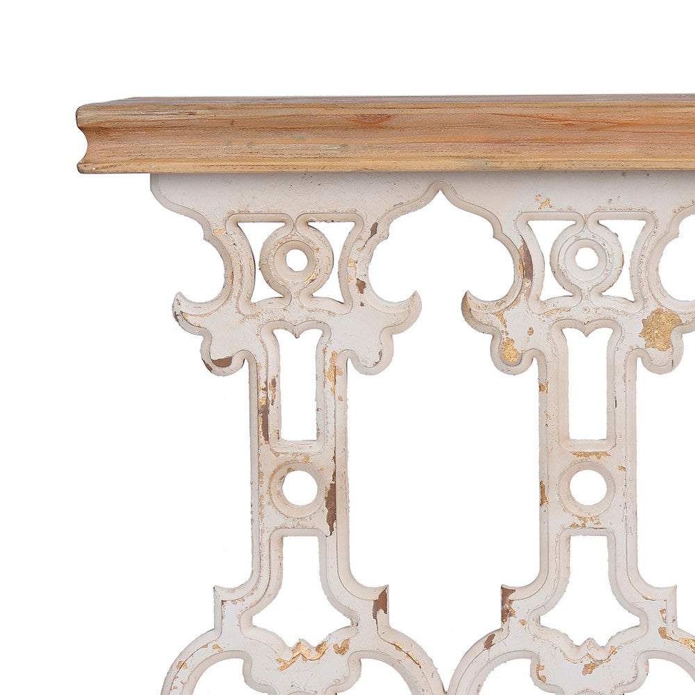 Benjara 32 Inch Console Table, Fir Wood, Traditional, Scrollwork, Whitewash, Brown