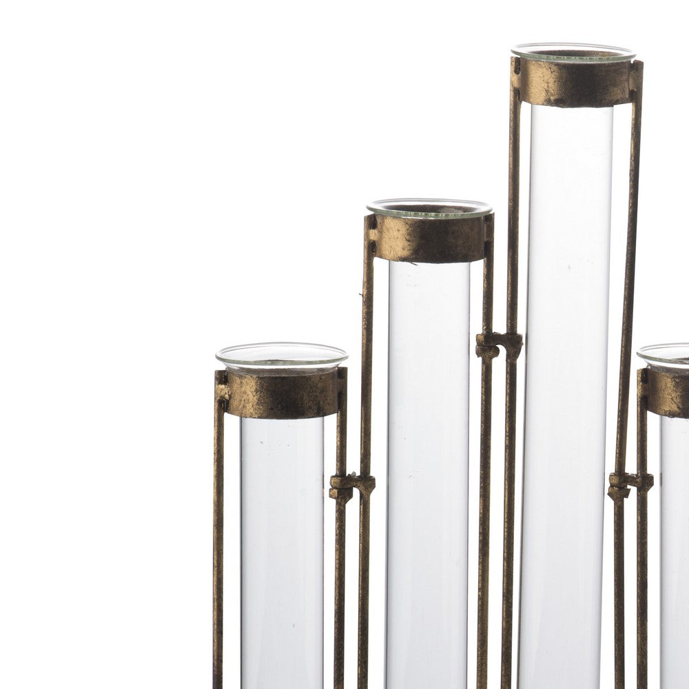 Benjara 18 Inch 9 Slot Accent Vase, Glass Body Pieces in Iron Frame, Antique Bronze