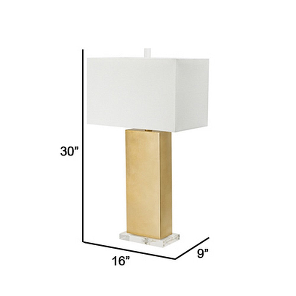 Benjara 16 Inch Modern Table Lamp, White Rectangular Shade, Acrylic Base, Gold