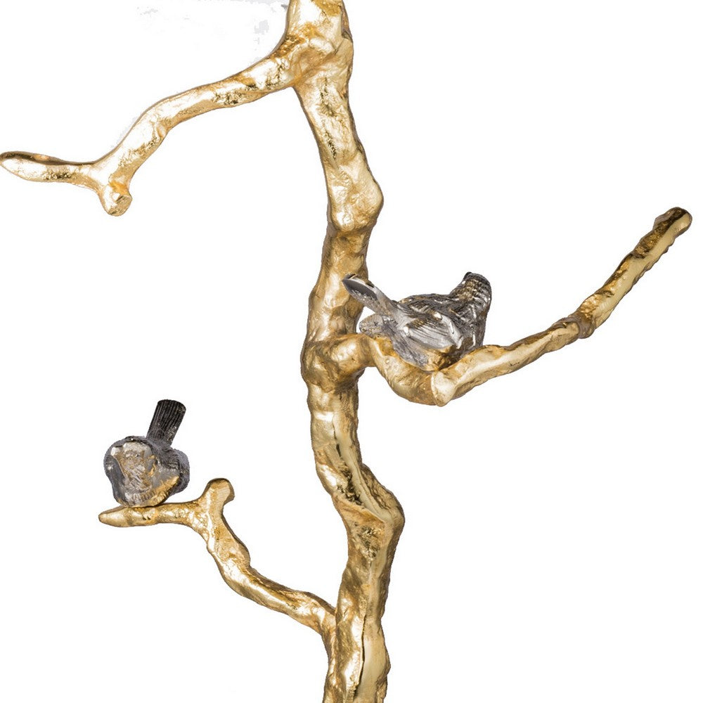 Benjara 28 Inch Accent Table, Artful Branchlike Frame, Silver Bird Accents, Gold