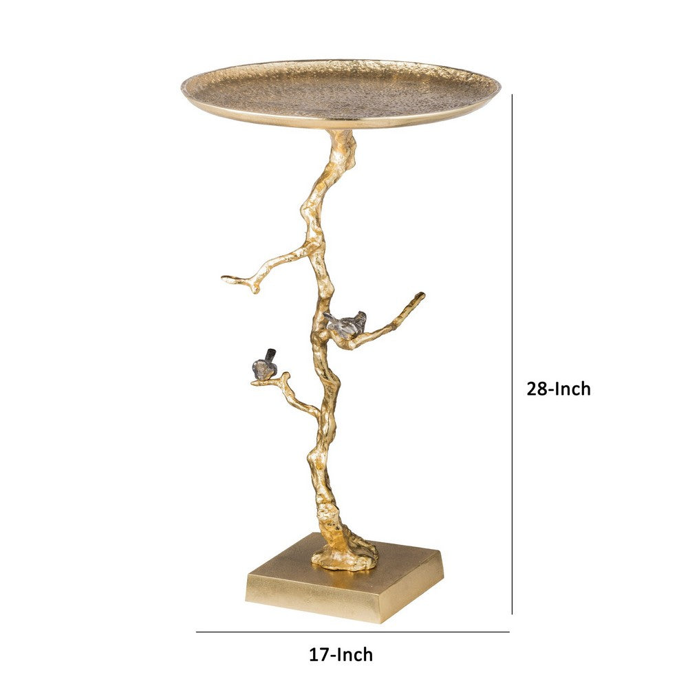 Benjara 28 Inch Accent Table, Artful Branchlike Frame, Silver Bird Accents, Gold