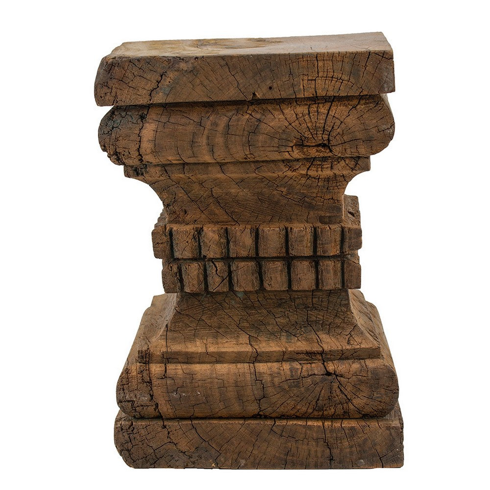 Benjara 20 Inch Accent Table, Rustic Pillar Pedestal with Scrolled Carvings, Brown