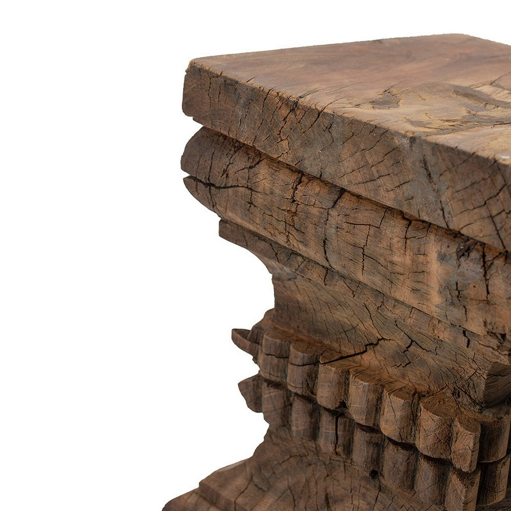 Benjara 20 Inch Accent Table, Rustic Pillar Pedestal with Scrolled Carvings, Brown