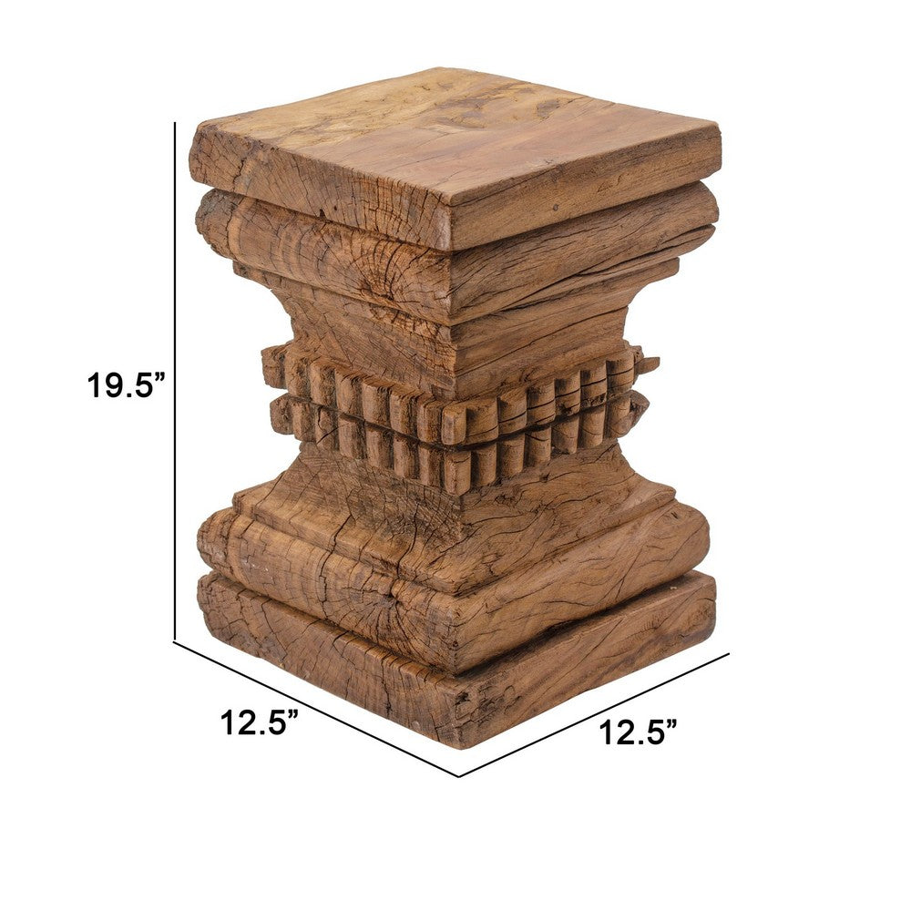 Benjara 20 Inch Accent Table, Rustic Pillar Pedestal with Scrolled Carvings, Brown