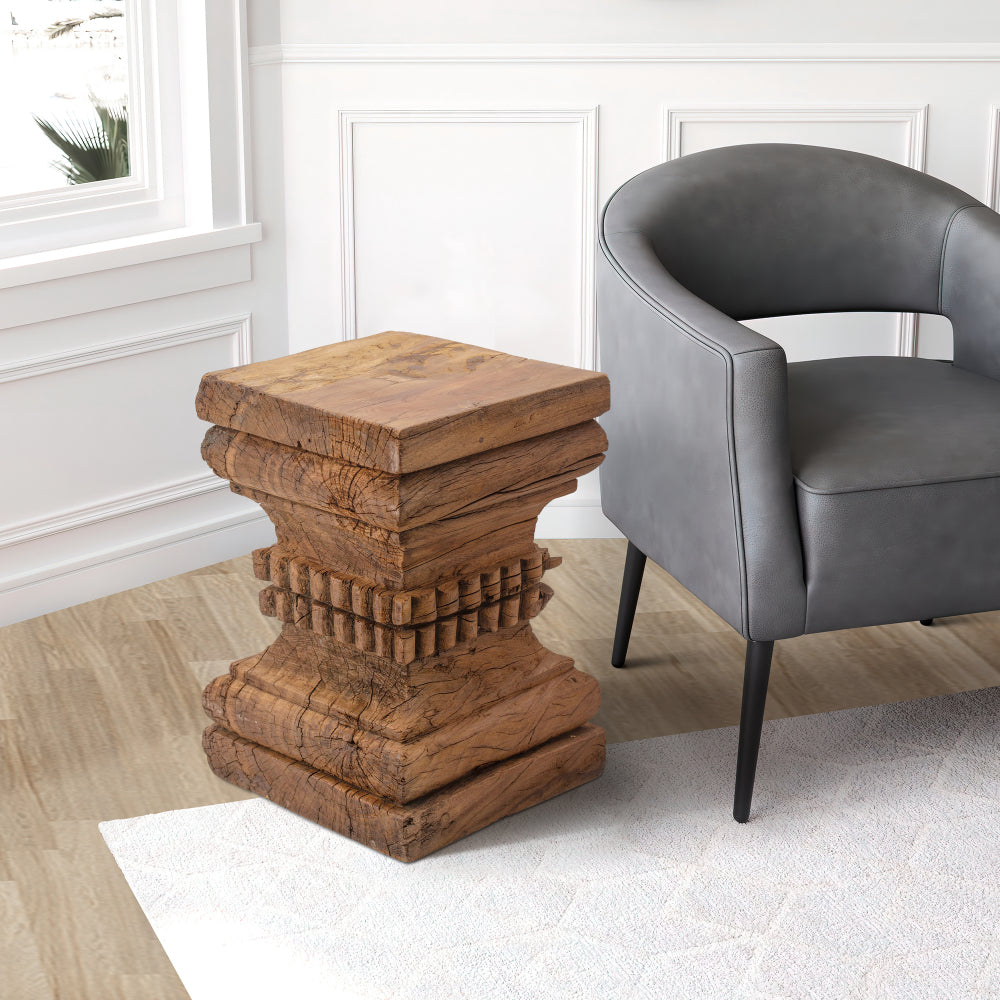 Benjara 20 Inch Accent Table, Rustic Pillar Pedestal with Scrolled Carvings, Brown
