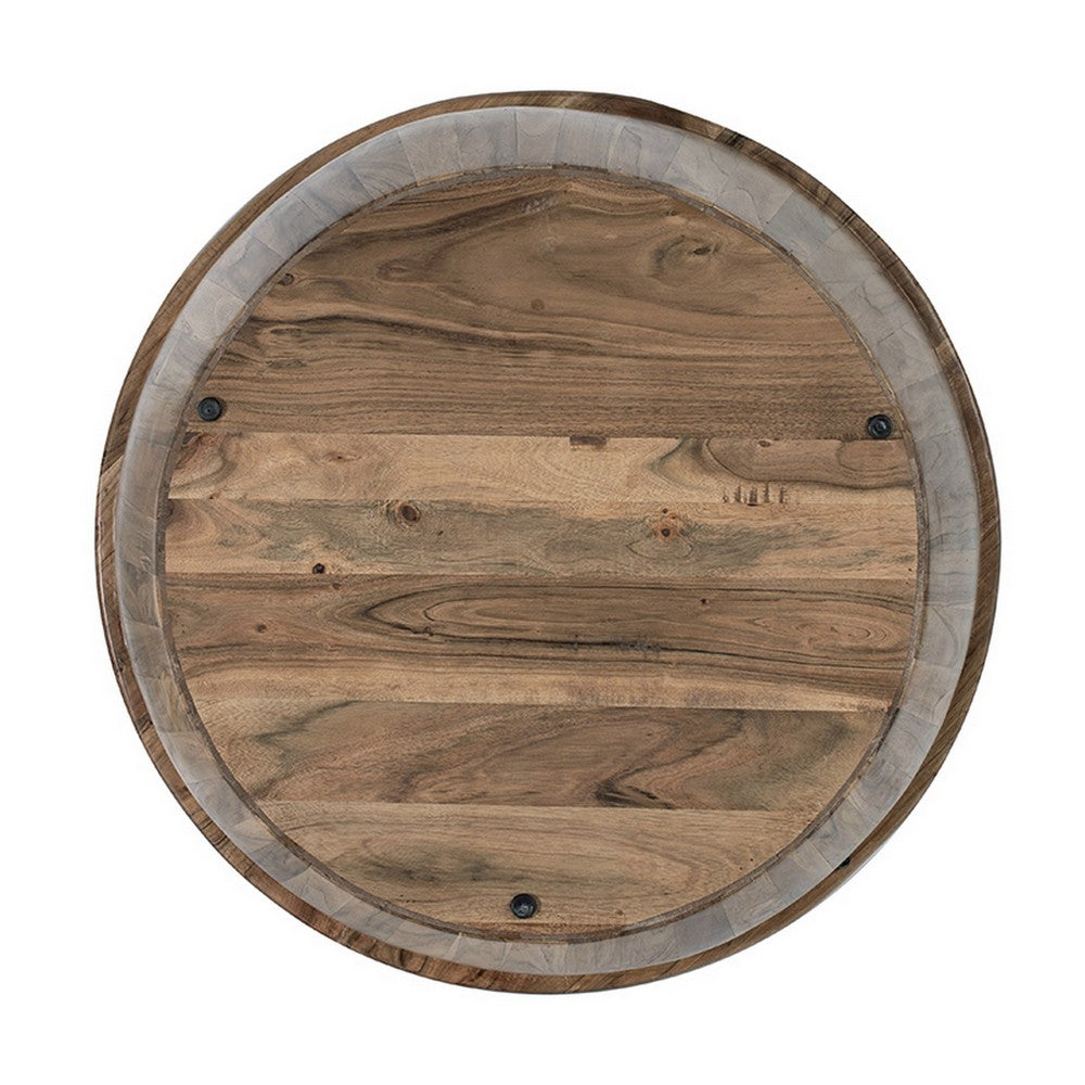 Benjara 37 Inch Round Coffee Table, Drum Shape, Mango And Sheesham Wood, Brown
