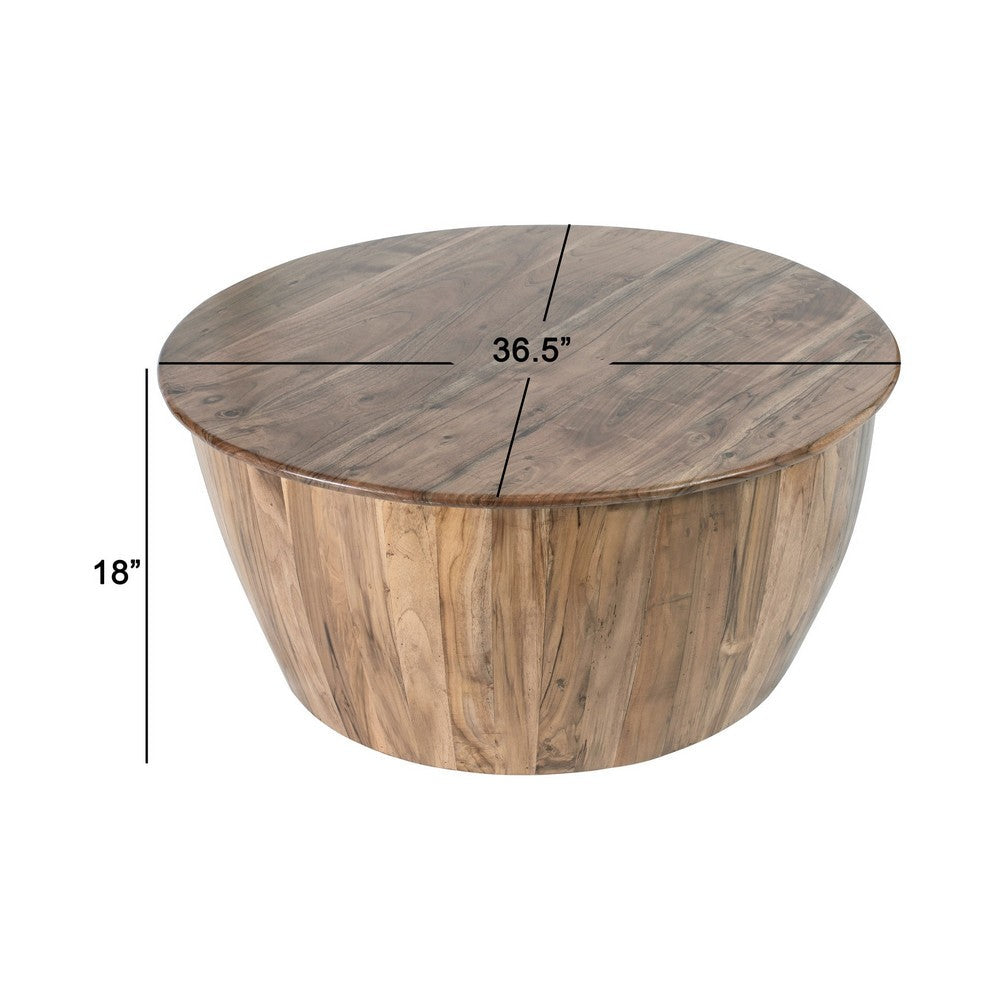 Benjara 37 Inch Round Coffee Table, Drum Shape, Mango And Sheesham Wood, Brown