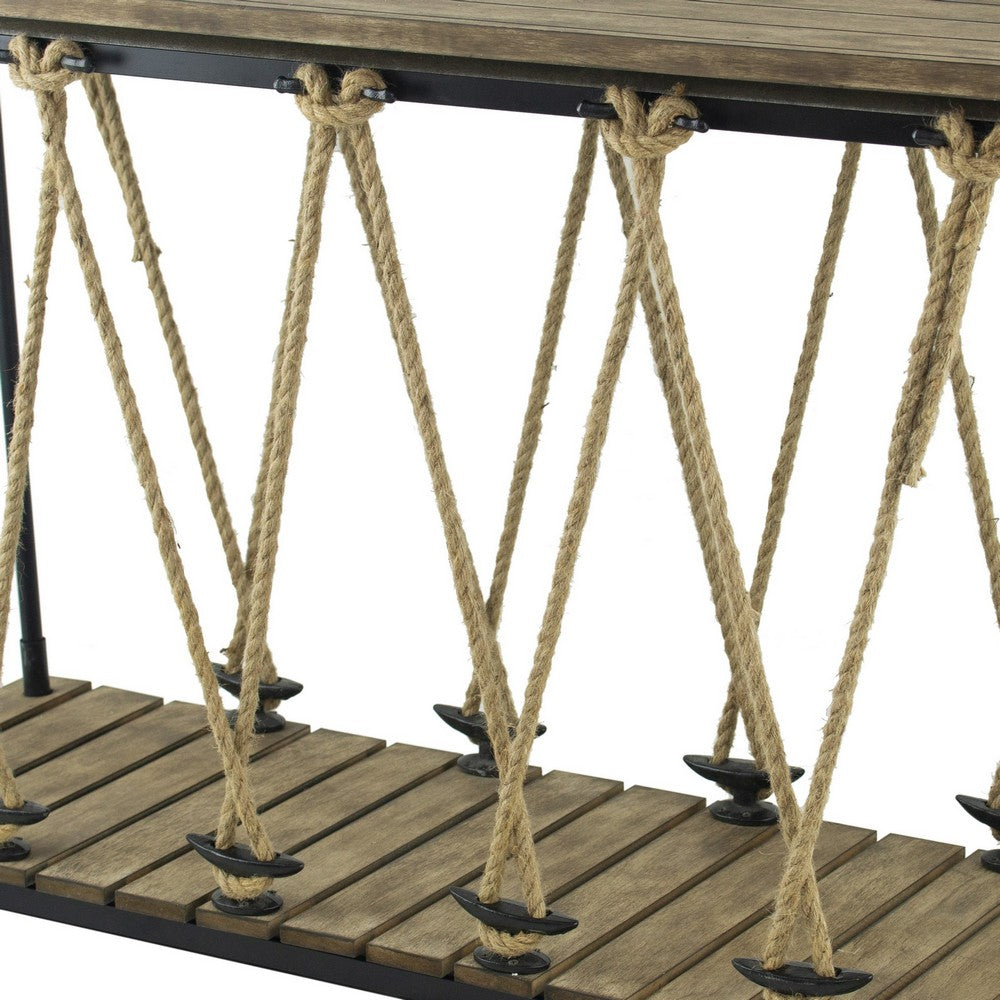 Benjara 52 Inch Console Table, Rustic Plank Top with Crossed Rope Design, Brown