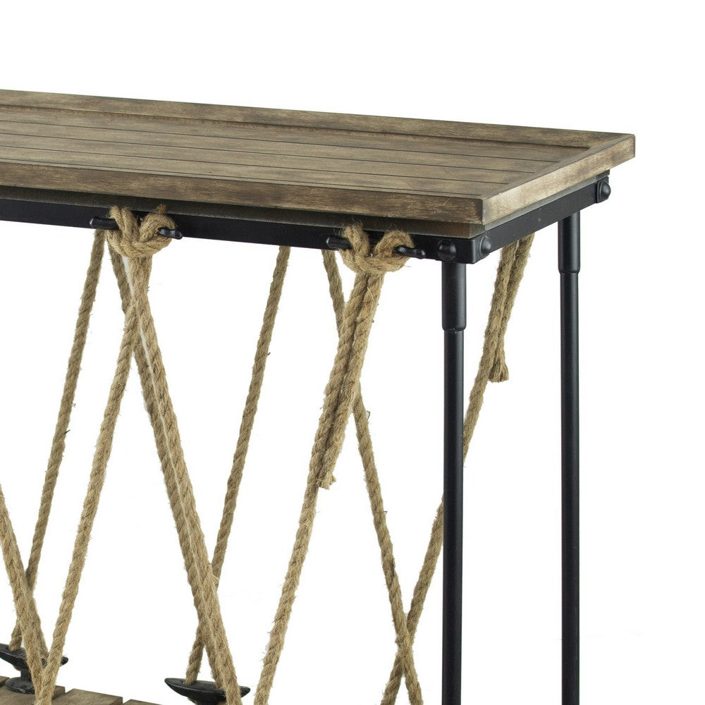 Benjara 52 Inch Console Table, Rustic Plank Top with Crossed Rope Design, Brown