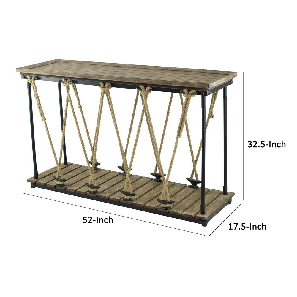 Benjara 52 Inch Console Table, Rustic Plank Top with Crossed Rope Design, Brown