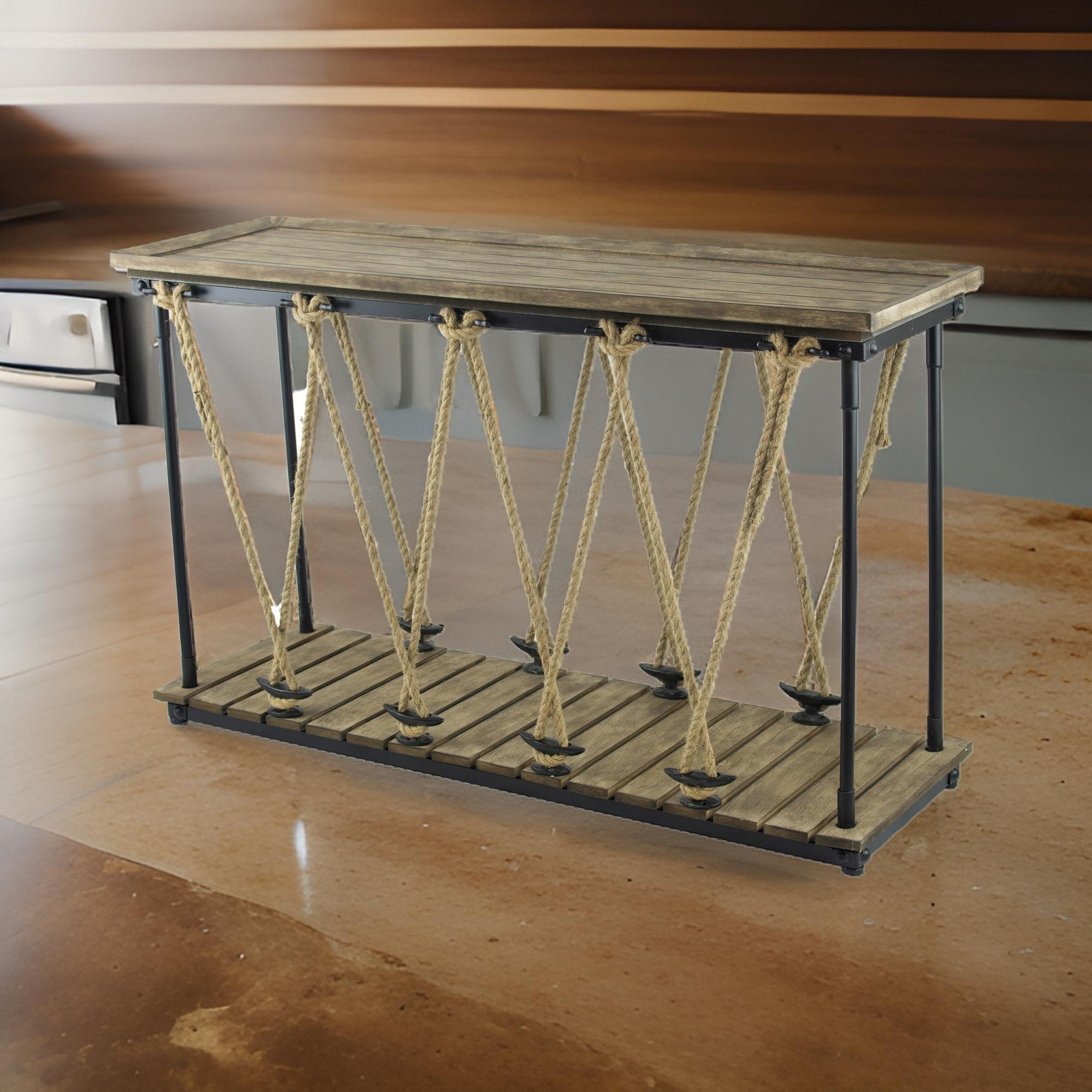 Benjara 52 Inch Console Table, Rustic Plank Top with Crossed Rope Design, Brown