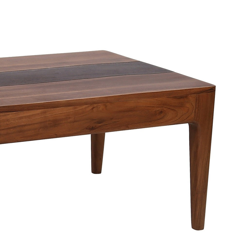 Benjara 52 Inch Modern Coffee Table, Acacia Wood with Classic Block Legs, Brown