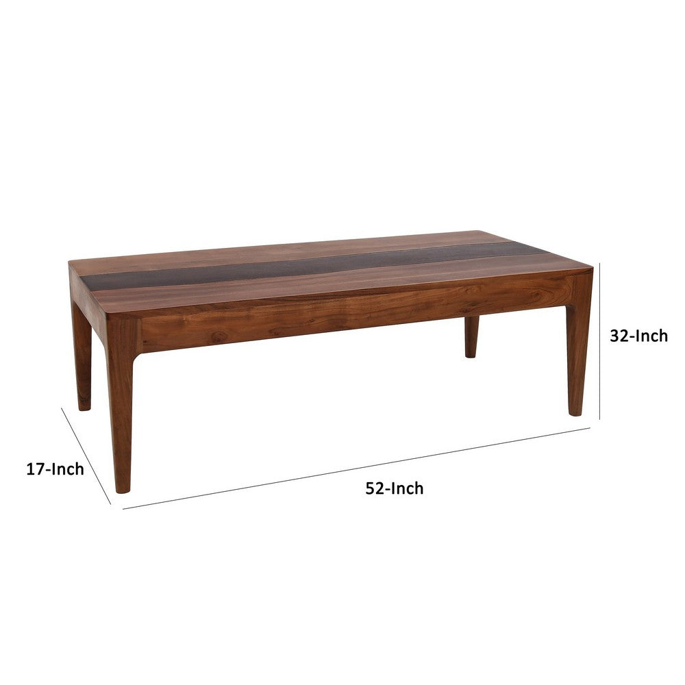 Benjara 52 Inch Modern Coffee Table, Acacia Wood with Classic Block Legs, Brown