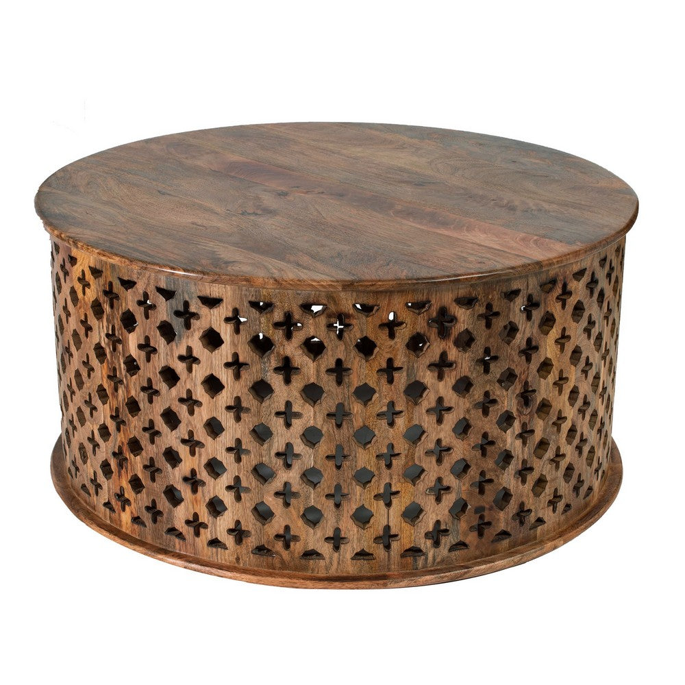 Benjara 35, 34 Inch Coffee Table Set of 2, Mango Wood Lattice Design, Brown