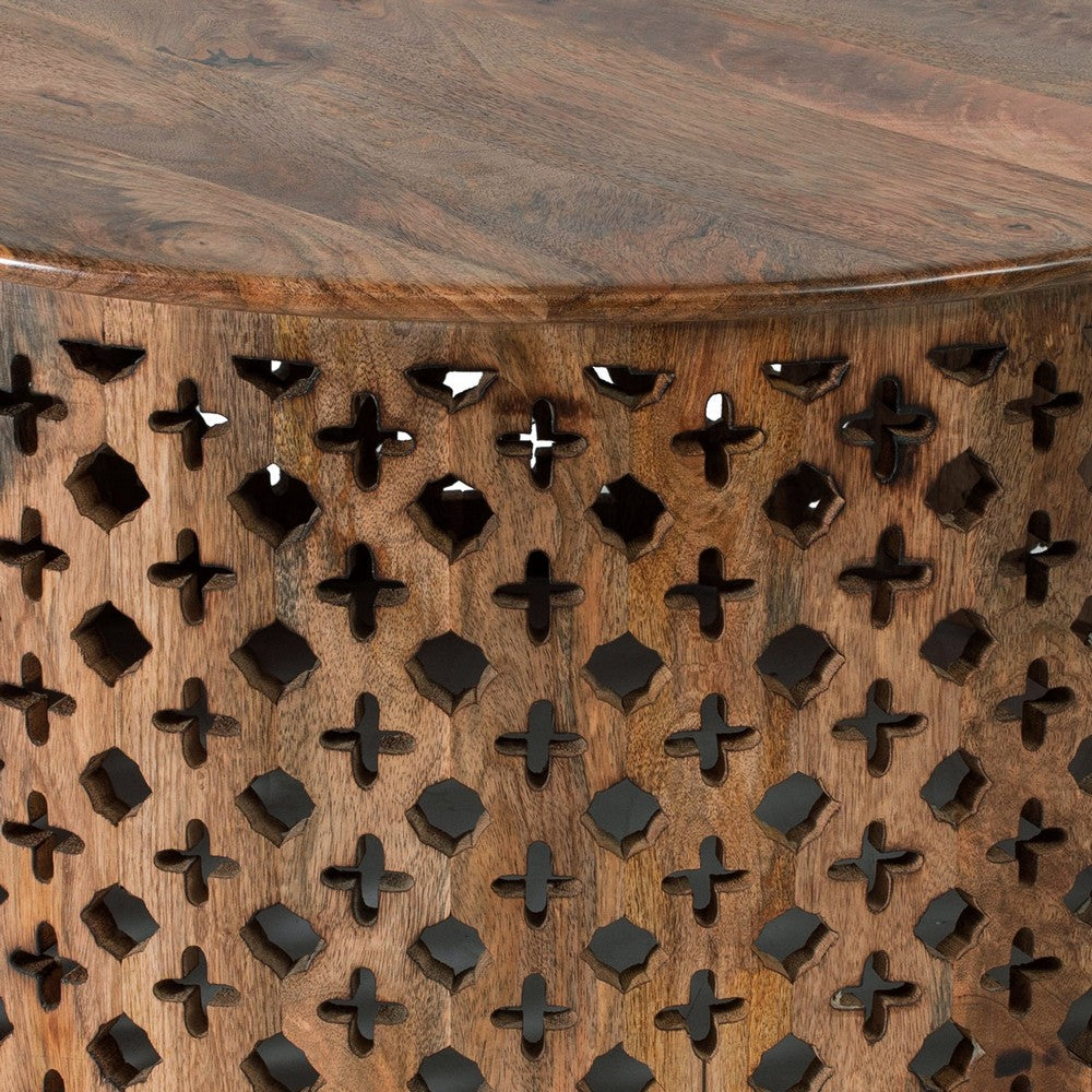 Benjara 35, 34 Inch Coffee Table Set of 2, Mango Wood Lattice Design, Brown