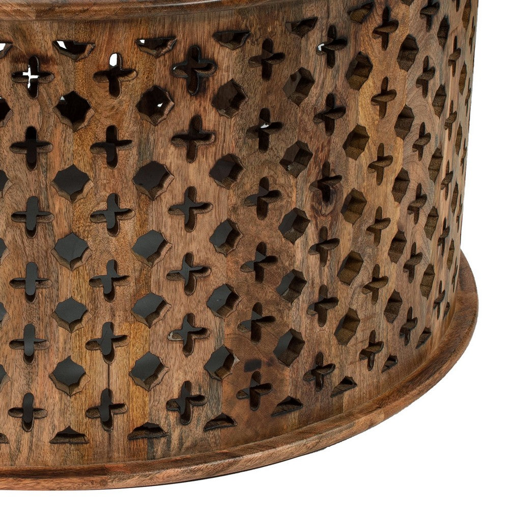 Benjara 35, 34 Inch Coffee Table Set of 2, Mango Wood Lattice Design, Brown