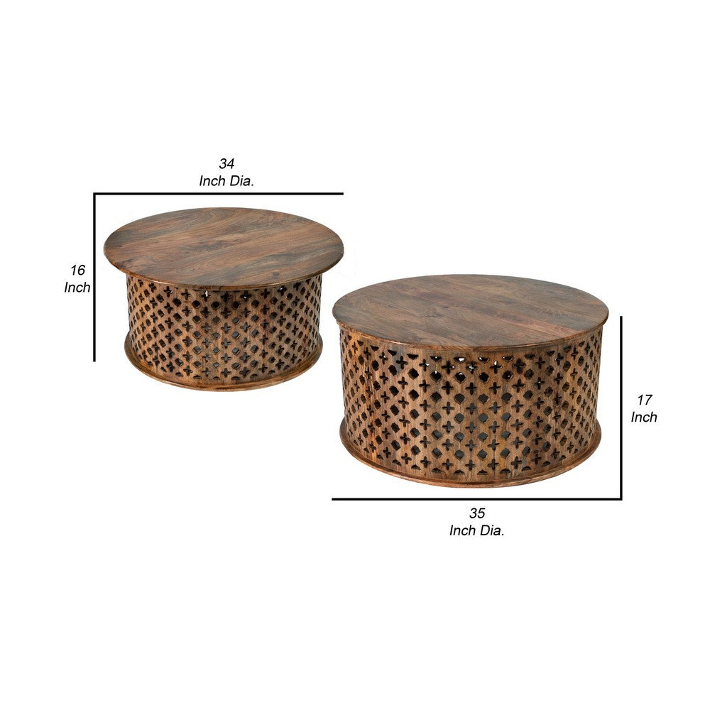 Benjara 35, 34 Inch Coffee Table Set of 2, Mango Wood Lattice Design, Brown