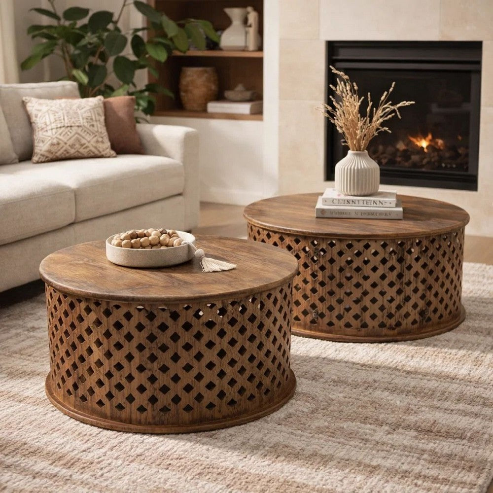 Benjara 35, 34 Inch Coffee Table Set of 2, Mango Wood Lattice Design, Brown